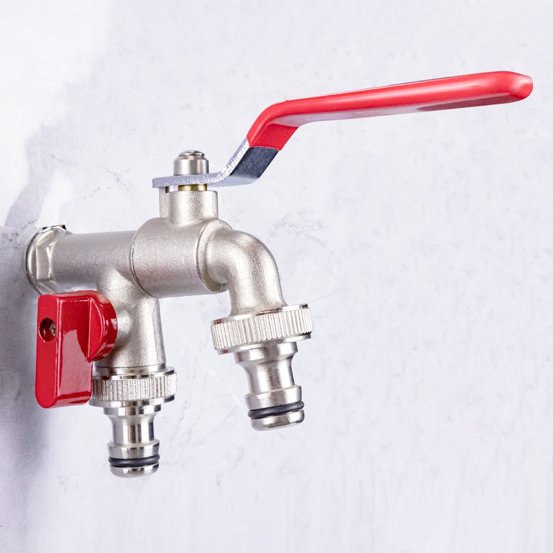 TMOK Household 1/2"*3/4"*3/4" Double Outlet Brass Garden Ball Type Water Tap Bibcock for Garden Wash Machine