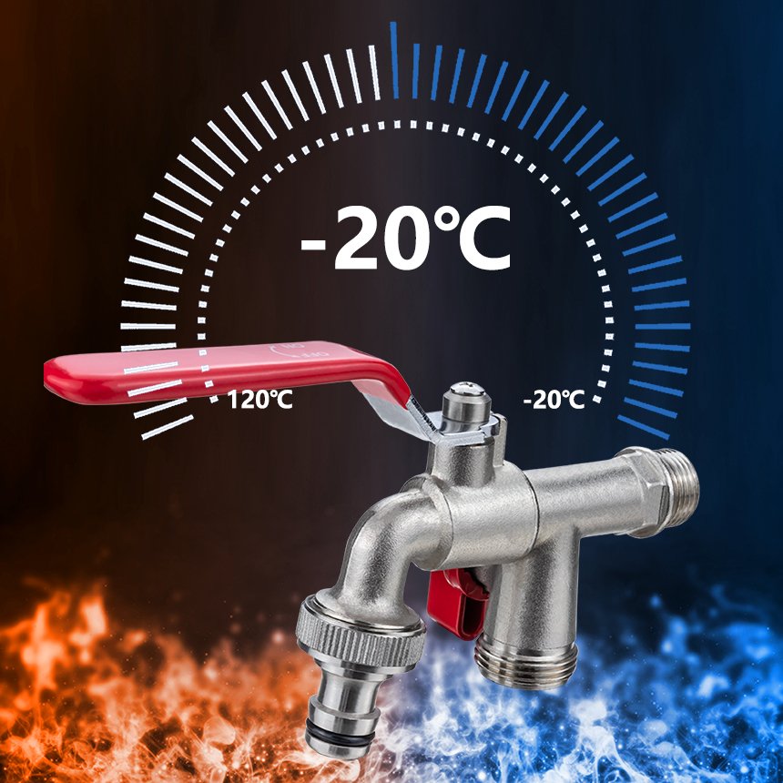 TMOK Household 1/2"*3/4"*3/4" Double Outlet Brass Garden Ball Type Water Tap Bibcock for Garden Wash Machine