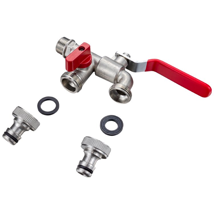 TMOK Household 1/2"*3/4"*3/4" Double Outlet Brass Garden Ball Type Water Tap Bibcock for Garden Wash Machine