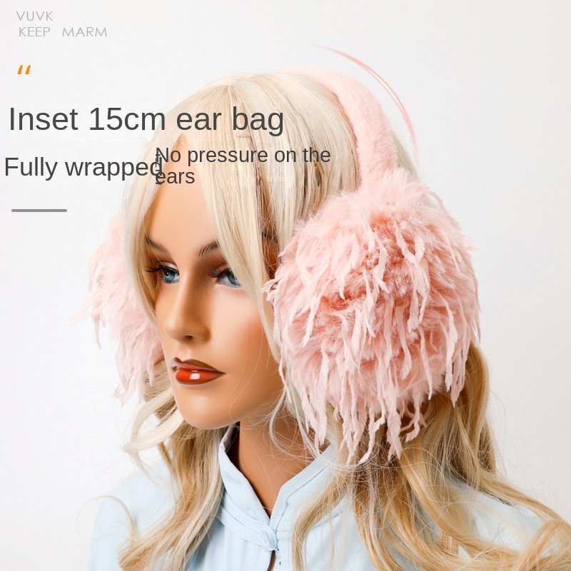 Ear Muffs for Women, Winter Warmth, Feather Tassel Ear Tips, Ear Protection, Plush Ear Bags, Antifreeze Folding Ear Covers