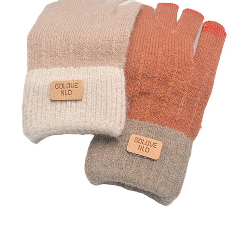 Alpaca Knitted Touch Screen Gloves Men and Women Autumn and Winter Warm Outdoor Antifreeze Plus Velvet Thick Korean Version of C