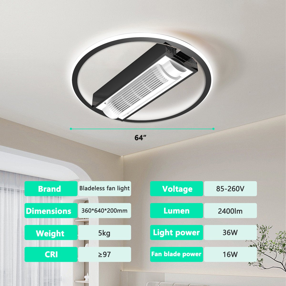 2023 Hottest Bladeless Simple Ceiling Lamp Intelligent Remote Control APP Control LED Chandelier Ceiling Fan with Light