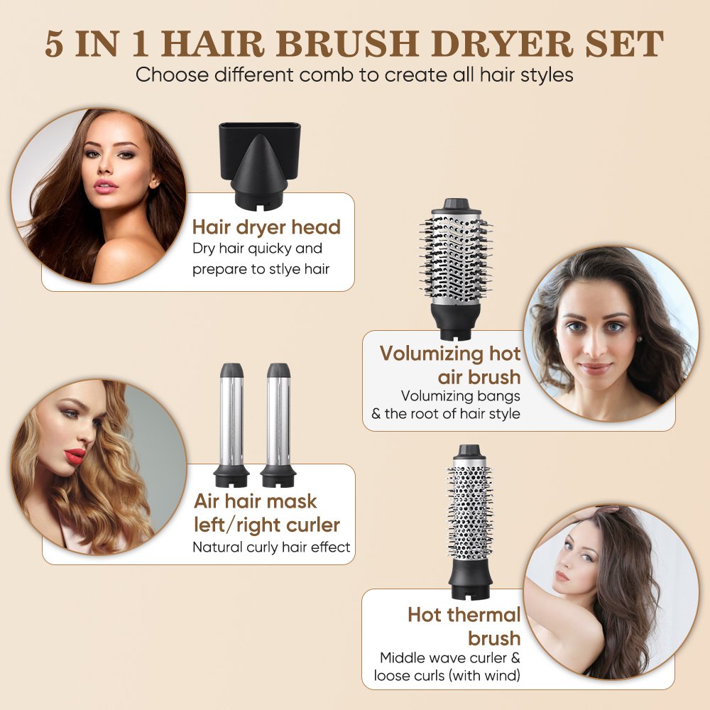 Factory Customized 5-In-1 Hot Air High Speed Hair Dryer Auto Curling Iron Multifunctional Styling Comb Leafless Home Appliance
