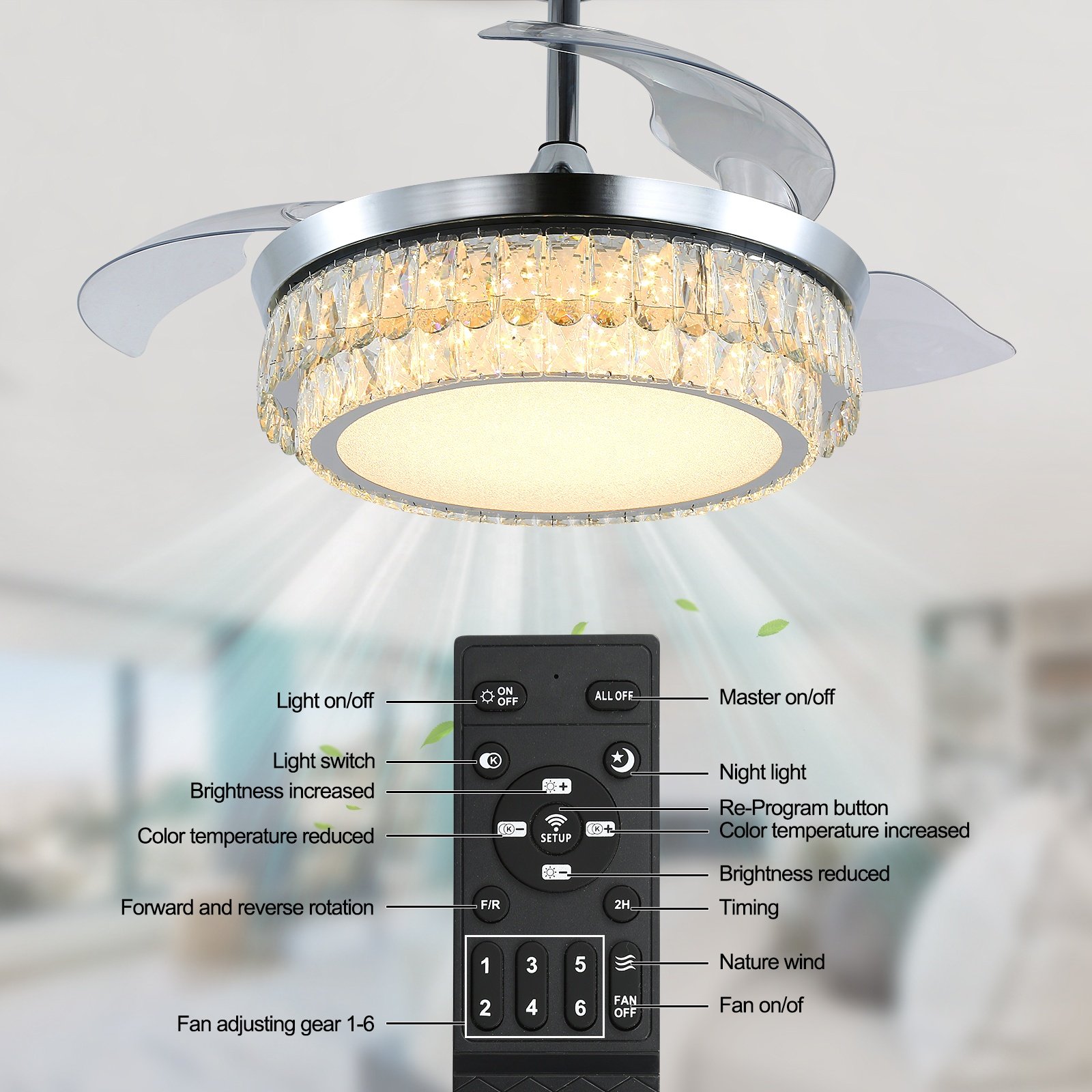 Hidden Blades Intelligent Timing Ceiling Fan With Light and Remote for Living Room