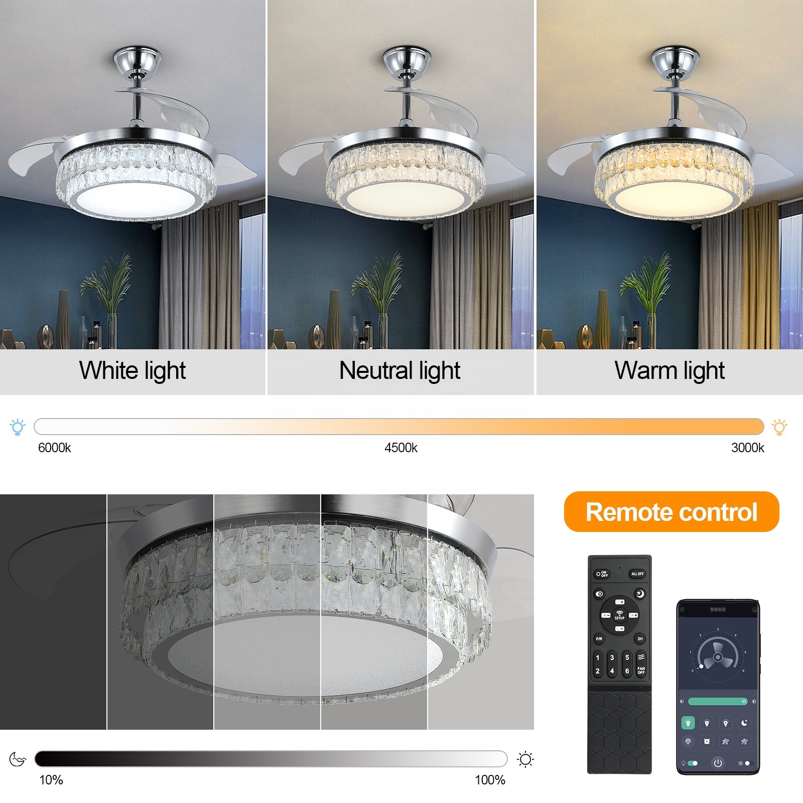 Hidden Blades Intelligent Timing Ceiling Fan With Light and Remote for Living Room
