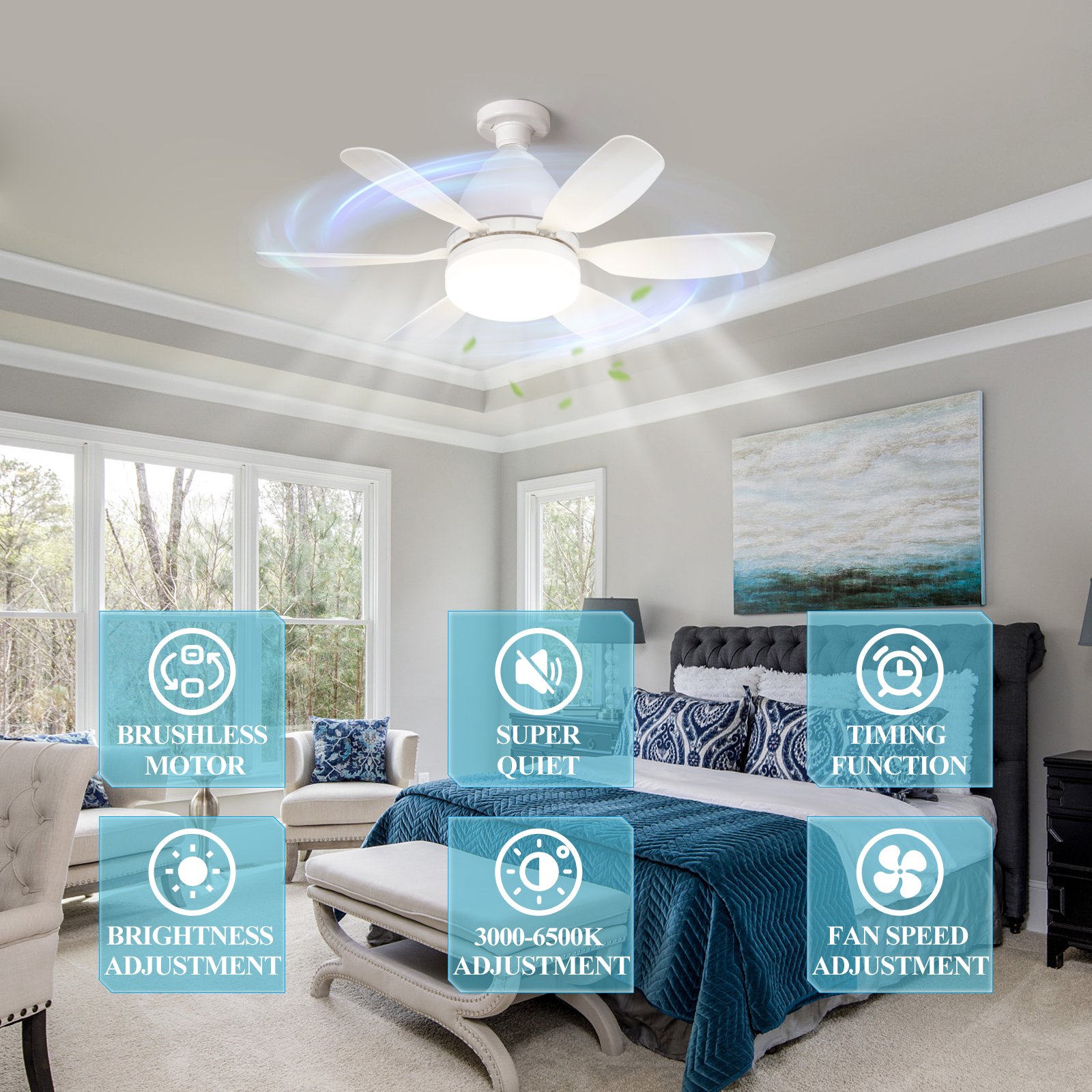 Patent 3 Speed Smart Home Led Fan Lights Intelligent Dimming Timing Decor Remote Control Modern E27 LED Ceiling Fan With Light
