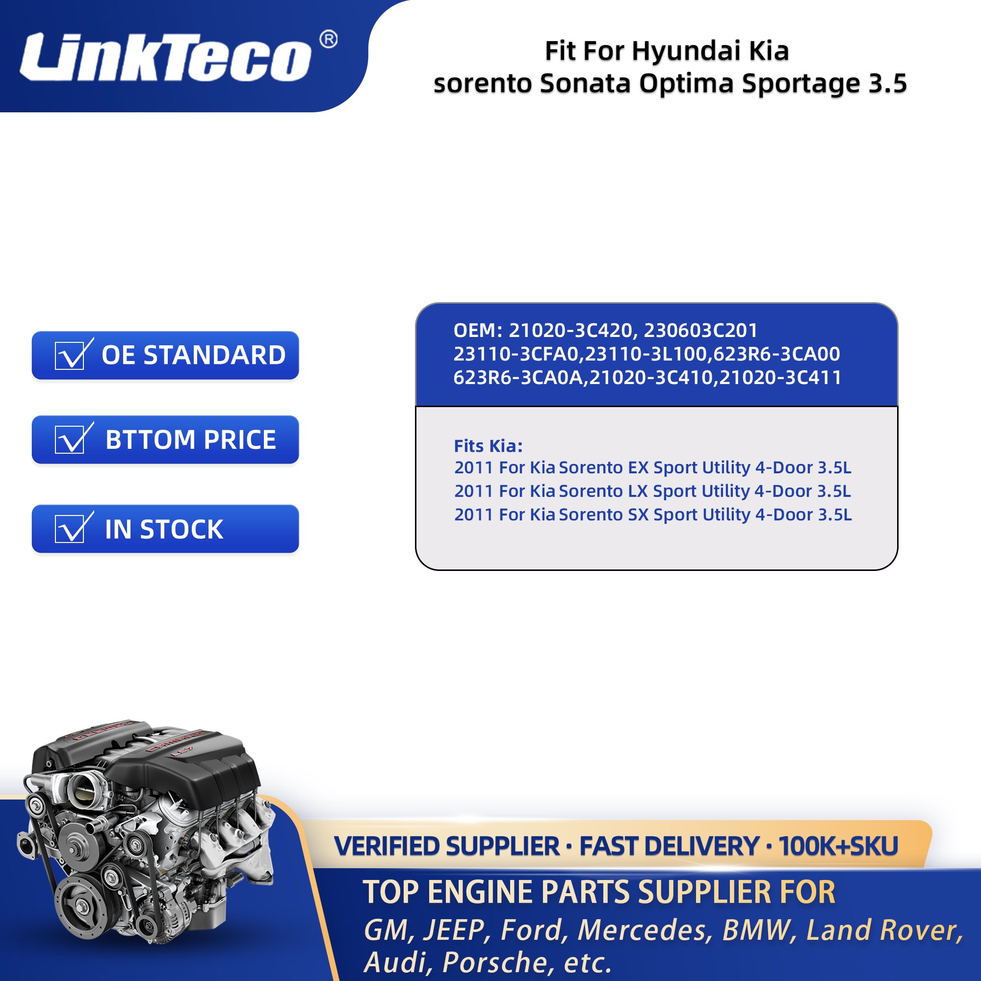 Engine for 2011 Hyundai Kia Sorento Sonata Optima 3.5 Crankshaft & Main & Rod Bearing Kit Set 231103CFA0 231103L100 623R63CA00