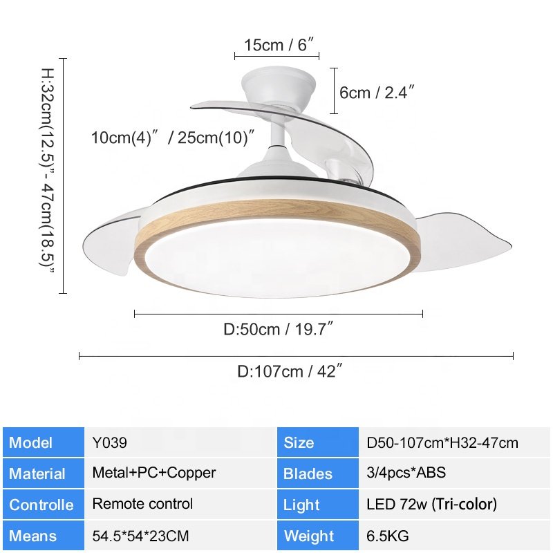 Y039 Modern Remote Control 42 Inch Bladeless 110/220v Ceiling Fans with Lights Lamp Led Designer Luz Con Ventilador Oculto Techo