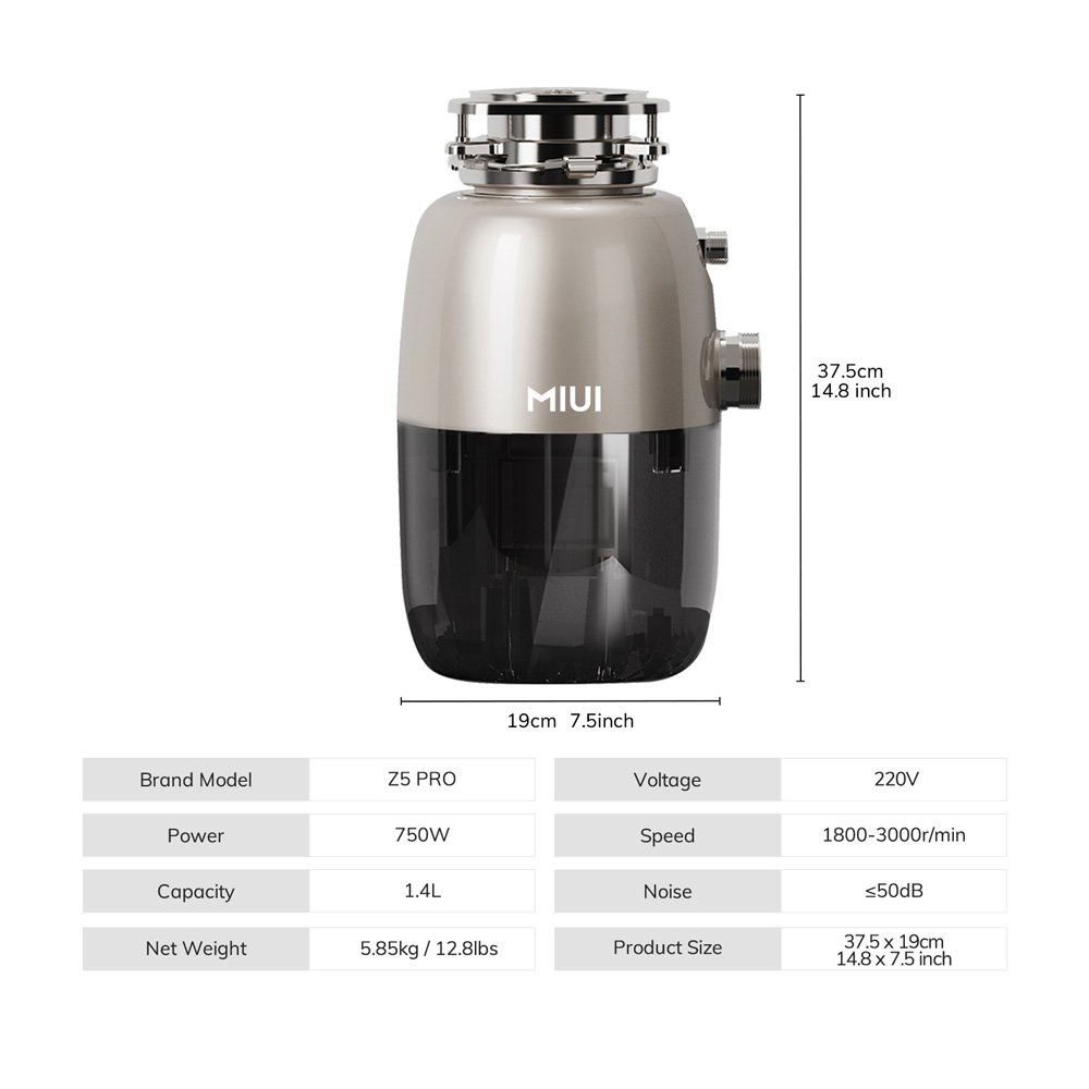Food Waste Disposer, Brushless Inverter Motor 1HP & Auto Reversal, Smart Water Feed, Continuous Feed Garbage Disposal, 750W
