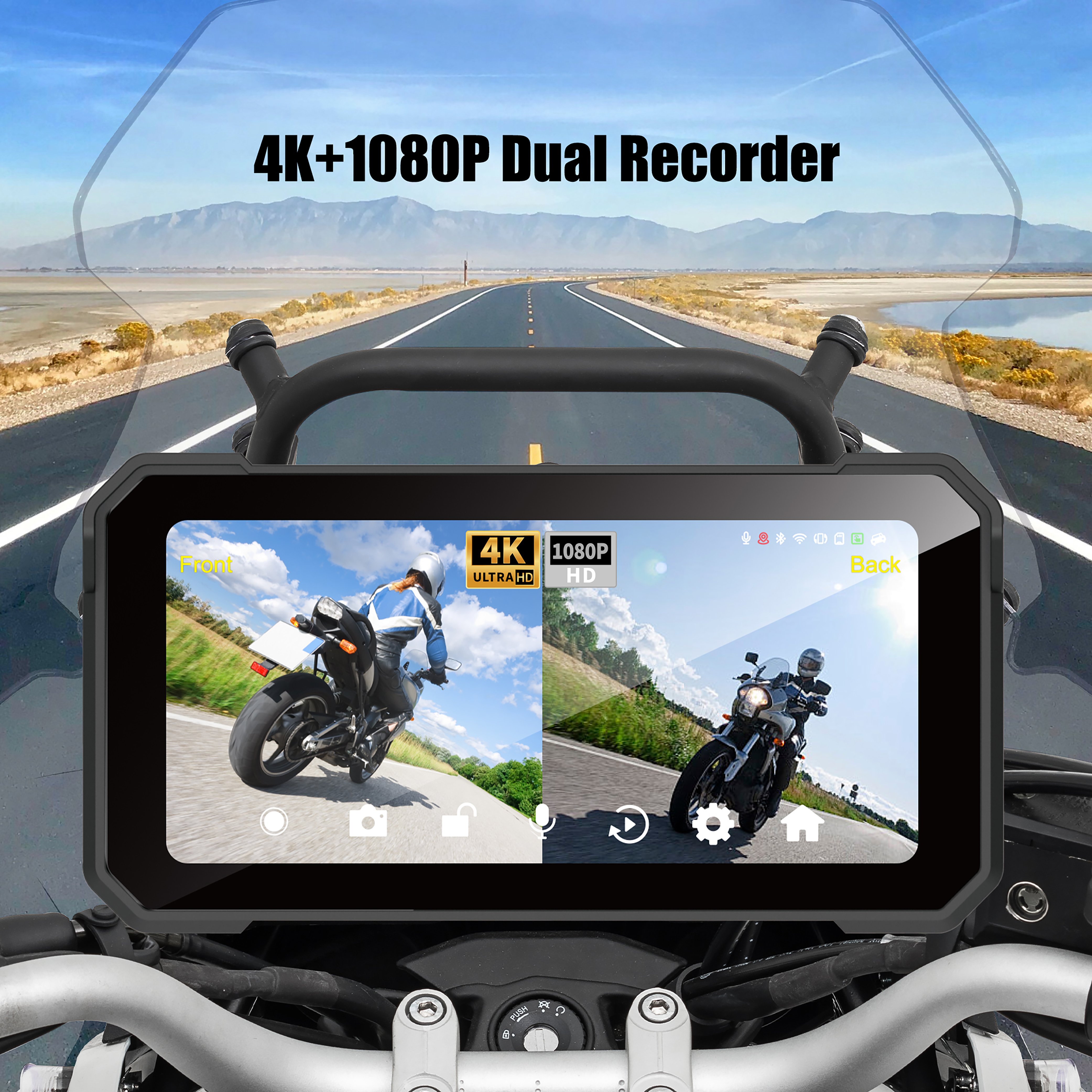 Waterproof 6.25 Inch BSD Blind Spot Detect 4K Dual Recorder OTA Motorcycle Carplay Androidauto DVR TPMS Monitoring GPS Tracking