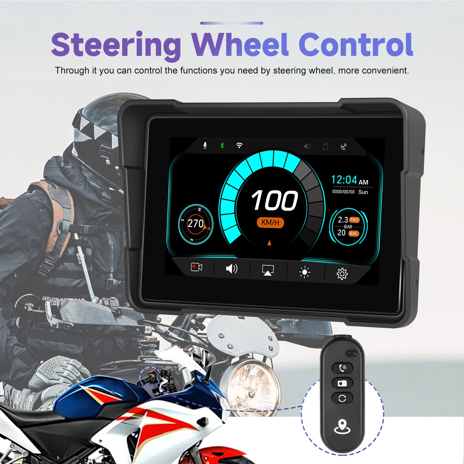 Podofo 5 Inch Motorcycle DVR Portable Car Radio Wireless Carplay Android Auto Rear + Front Camera Pressure Detection Autoradio