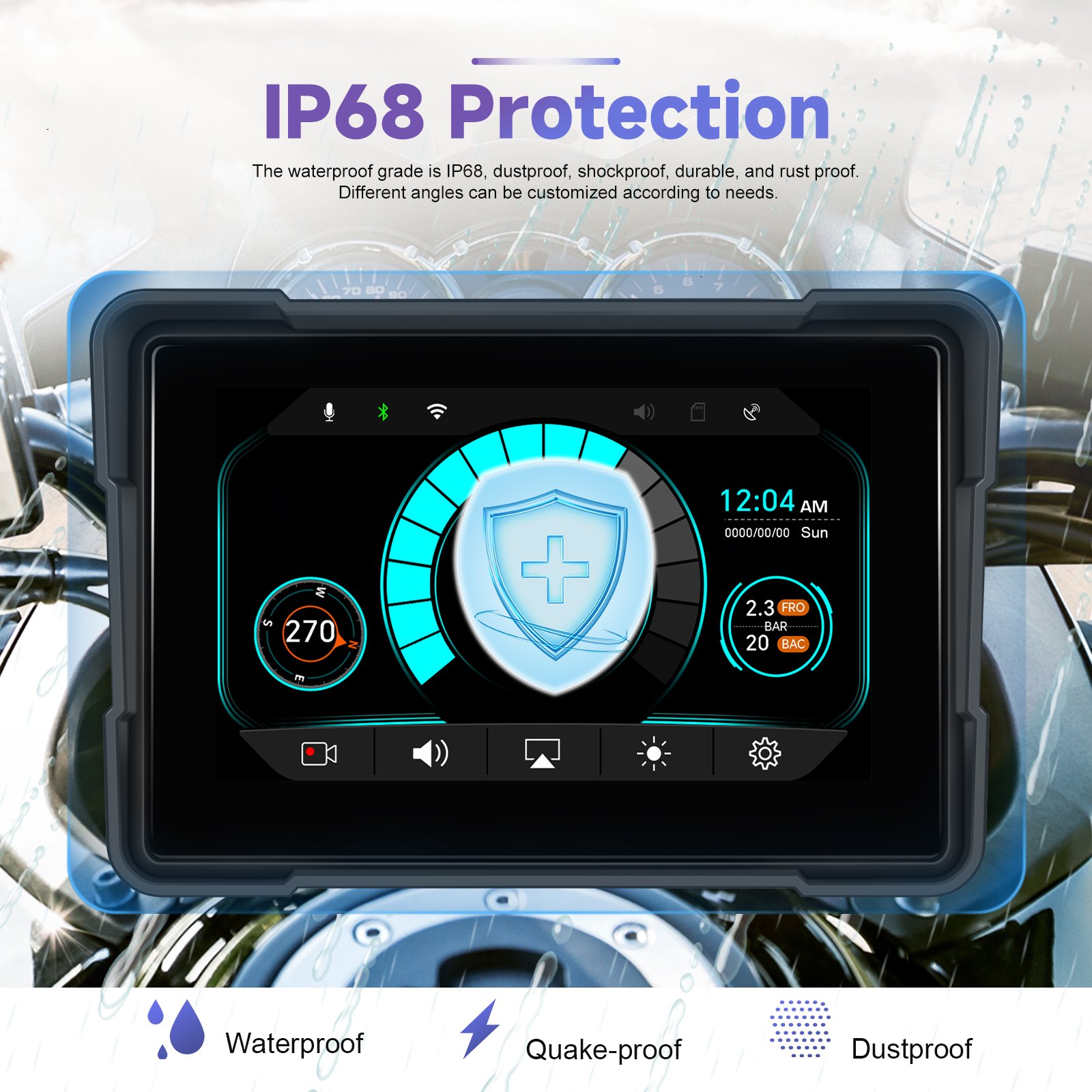 Podofo 5 Inch Motorcycle DVR Portable Car Radio Wireless Carplay Android Auto Rear + Front Camera Pressure Detection Autoradio
