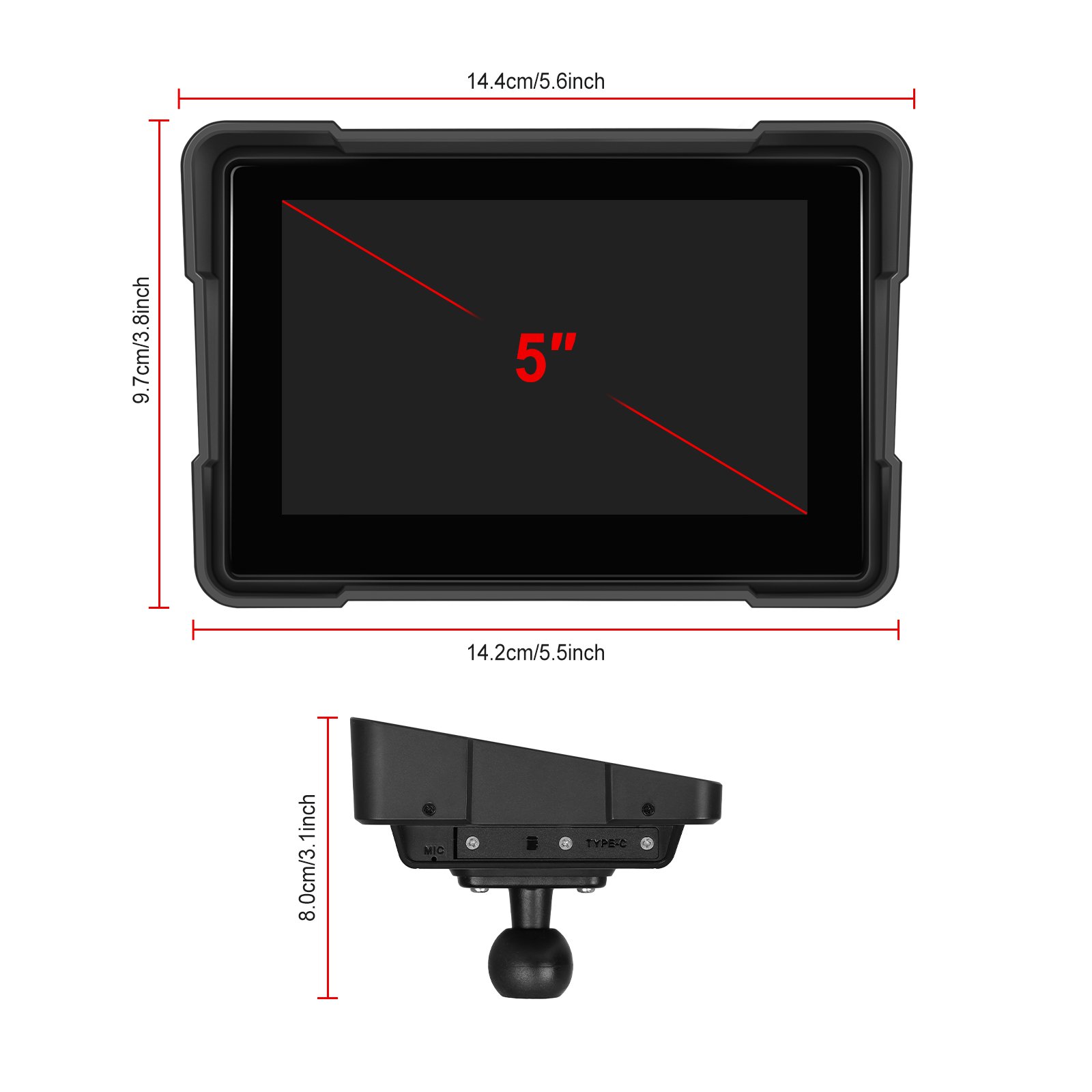 Podofo 5 Inch Motorcycle DVR Portable Car Radio Wireless Carplay Android Auto Rear + Front Camera Pressure Detection Autoradio