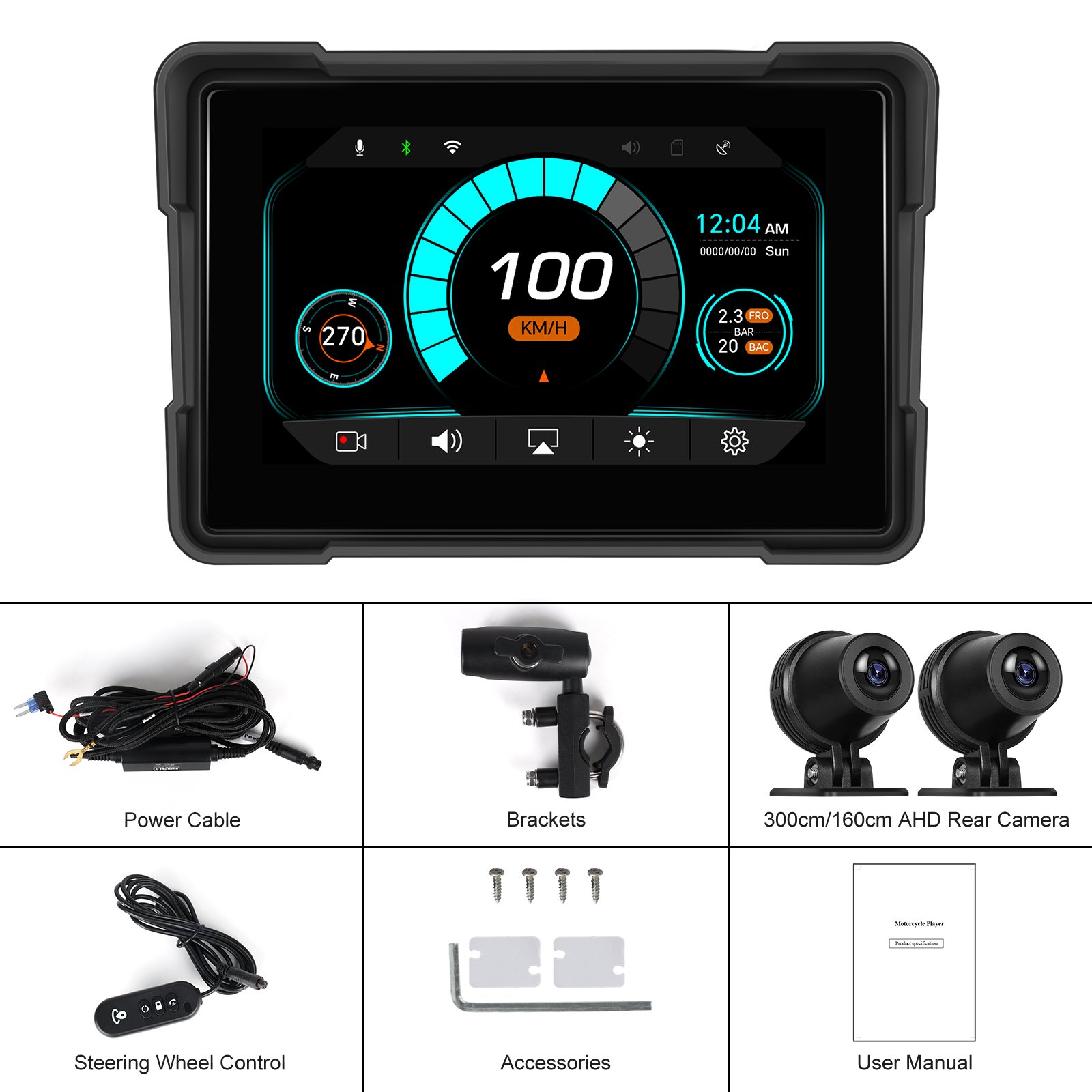 Podofo 5 Inch Motorcycle DVR Portable Car Radio Wireless Carplay Android Auto Rear + Front Camera Pressure Detection Autoradio