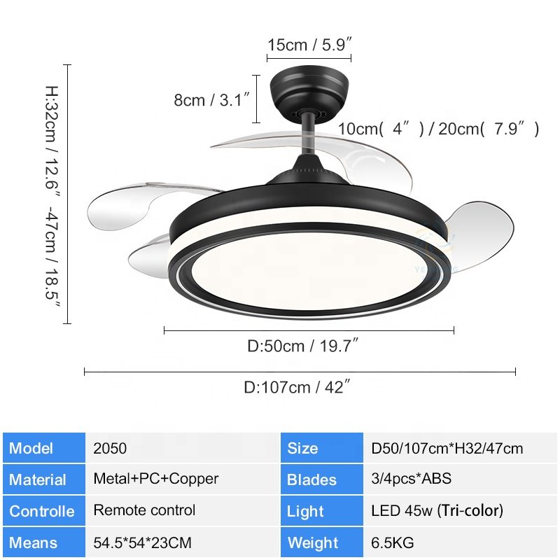 Y050 Household Wood Grain Tri Color 42 Inch Modern Ceiling Fan LED Lamp 110 220V Invisible Blade Remote Control