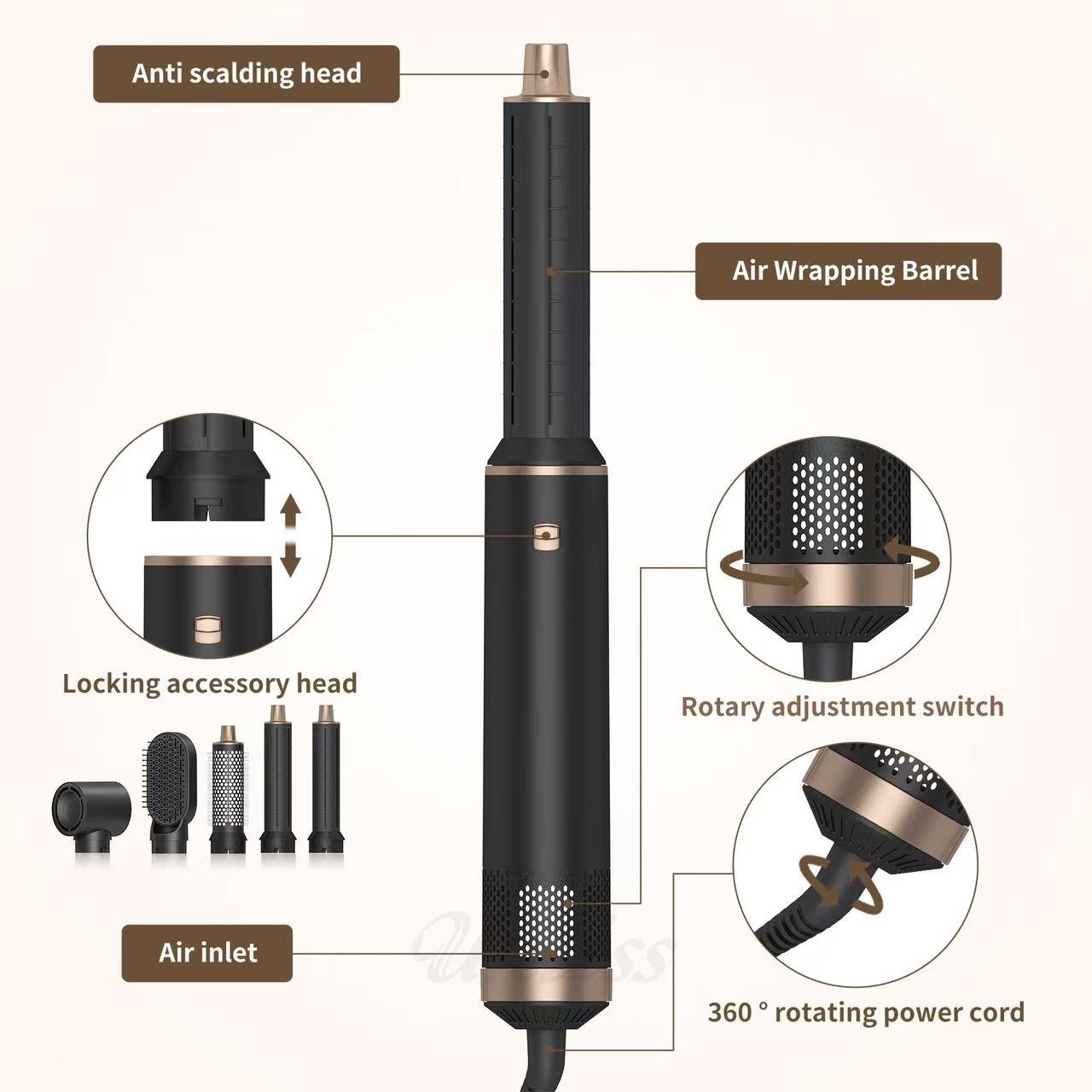 High Speed Hair Dryer Brush 5 in 1 Professional Hot Air Styling Fast Drying Multi Hair Styler with Air Curling Iron Volumizing