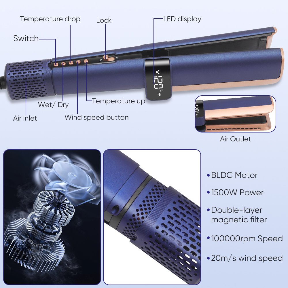 New Multi Styler Dust Style Hot Air Styler High Speed Bldc1600W Wet to Dry Air Straightening Hair Straightener With Air