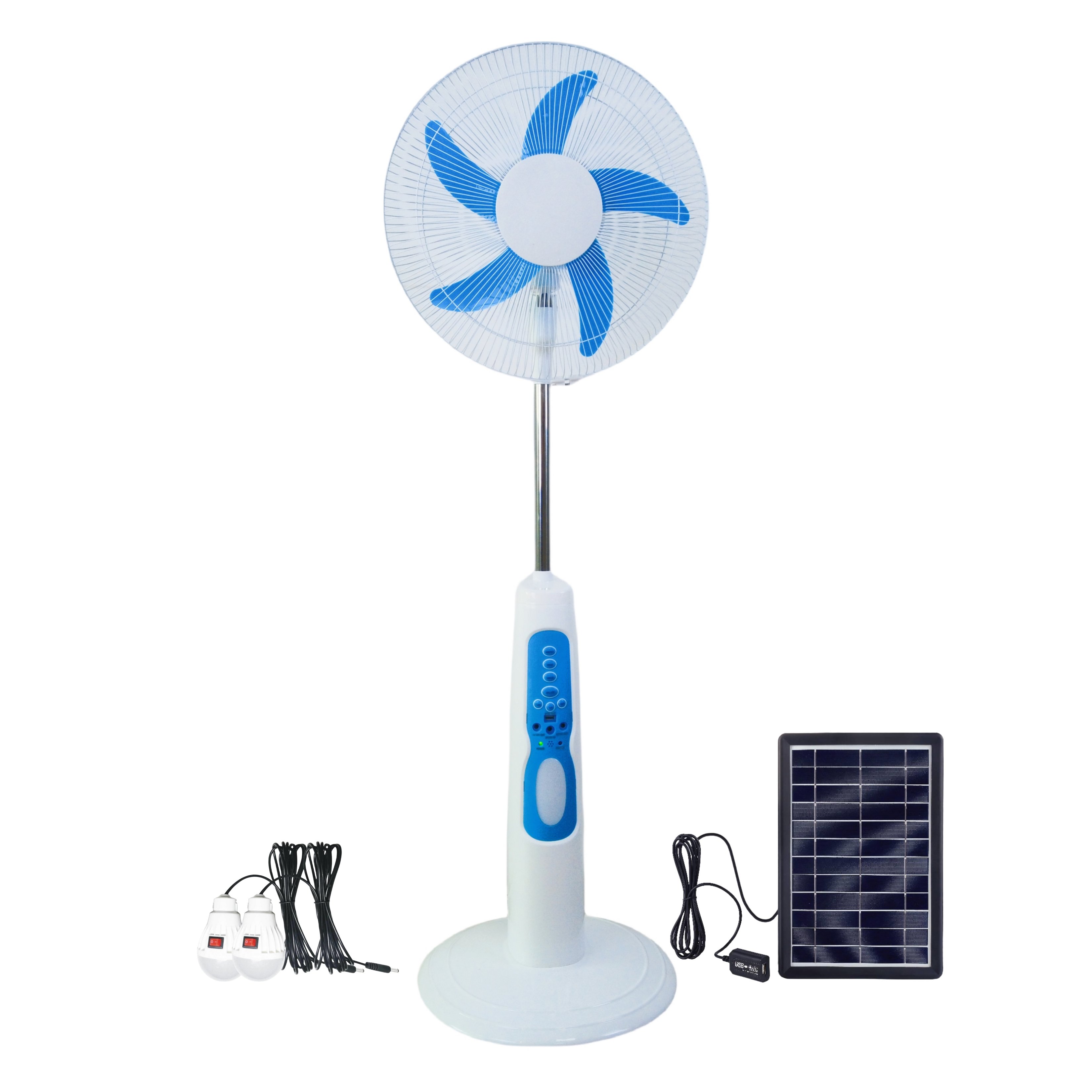 AC/DC Solar Stand Fan Rechargeable 16inch With LED Light Bulbs Battery Solar Panel Remote Control 3 Speed Timer DA18 for Working