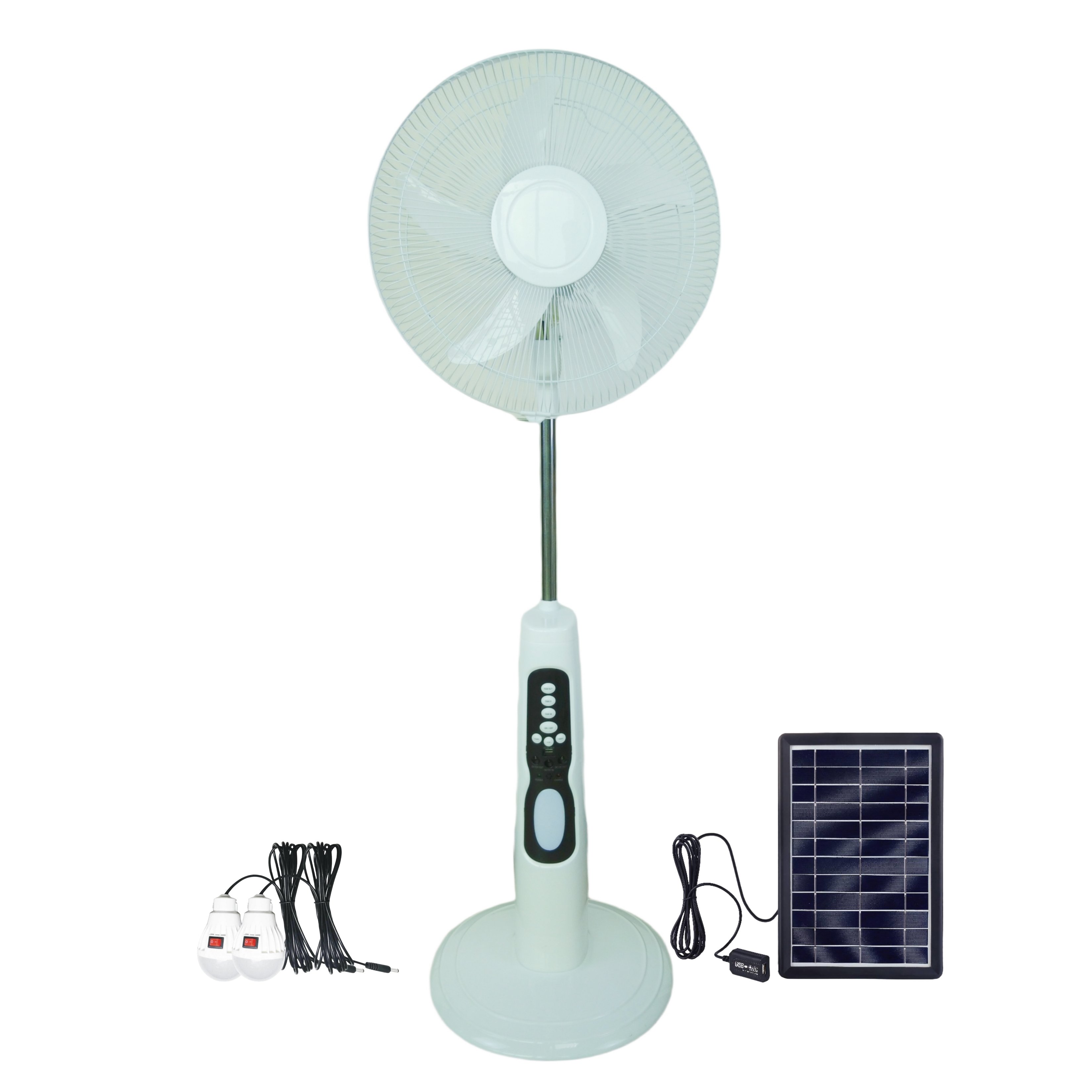AC/DC Solar Stand Fan Rechargeable 16inch With LED Light Bulbs Battery Solar Panel Remote Control 3 Speed Timer DA18 for Working