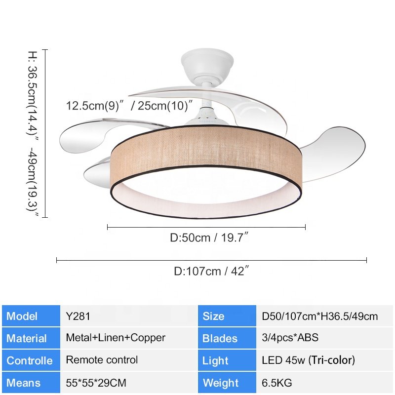 Y281 New 42 in Hemp Cloth Shaped LED Light Invisible Bladeless Remote Control Vine Art Fan Pendant Lamp for Home Decor 110-220v