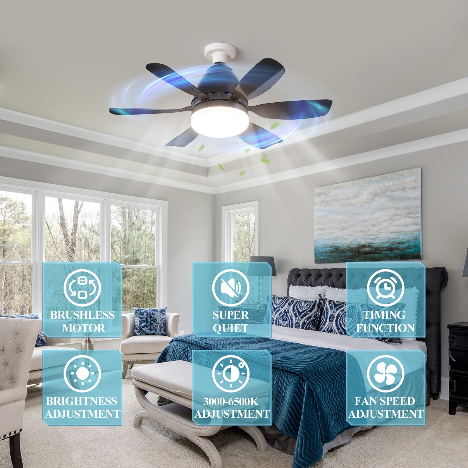 Led Fan Lights Smart Home Light Intelligent Dimming Timing 3 Speed Black E27 Fan Decor Remote Control Modern LED Ceiling Fan
