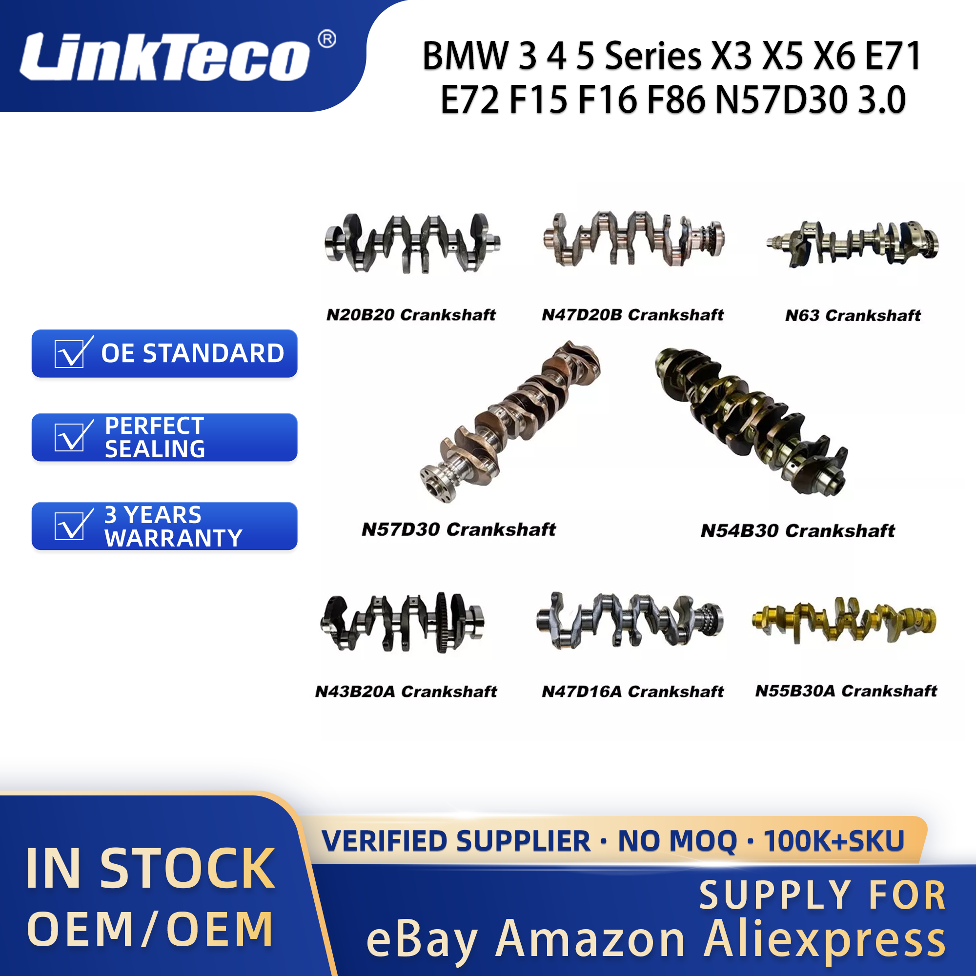 Linkteco Crankshaft with Bearings STD for BMW 3 4 5 Series X3 X5 X6 E71 E72 F15 F16 F86 N57D30 3.0 2009-2024 11217799970