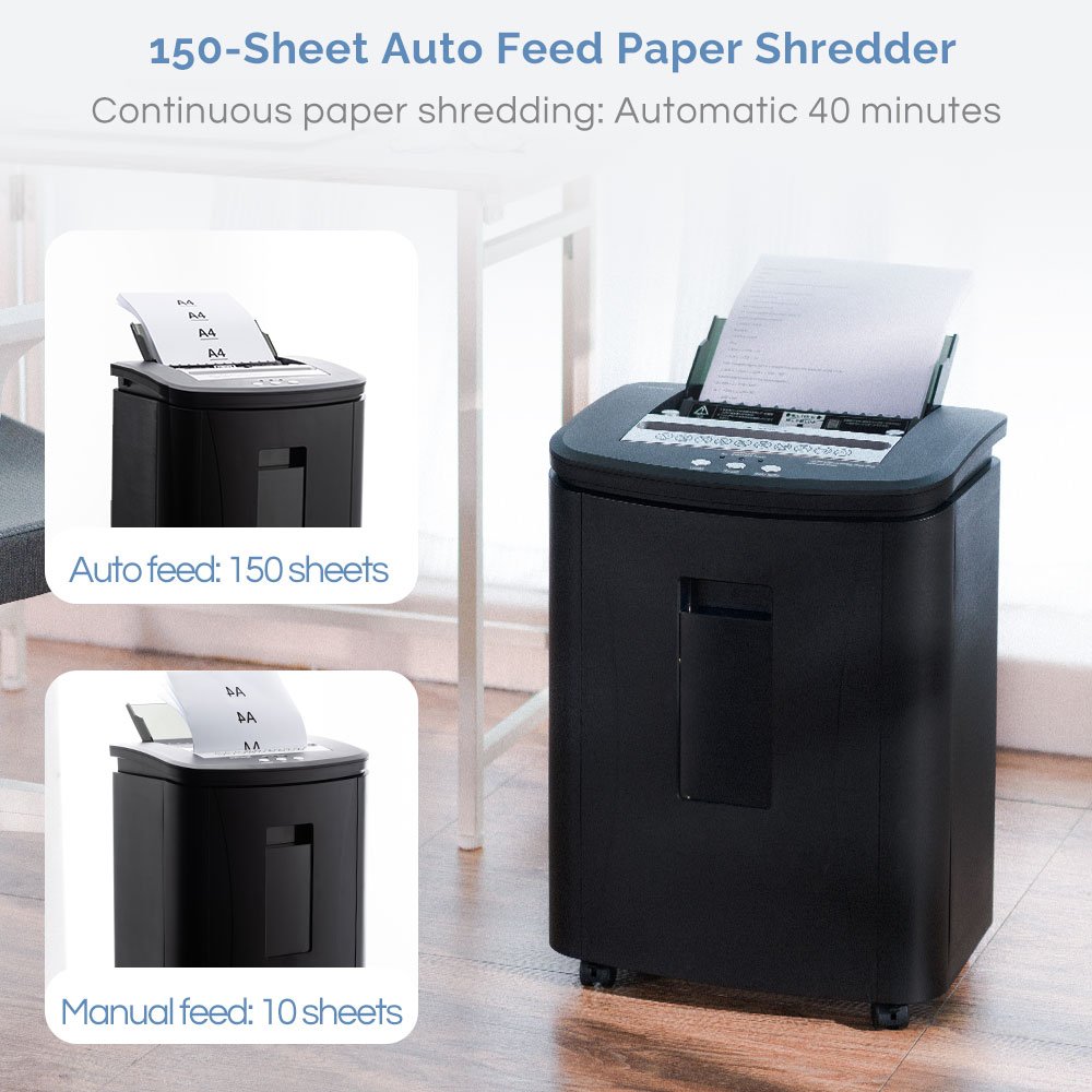 25L Commercial Auto Feed Paper Shredder Machine 150 Sheets 3*10mm Security Level P5 Home Office With Wheels Portable Shredded