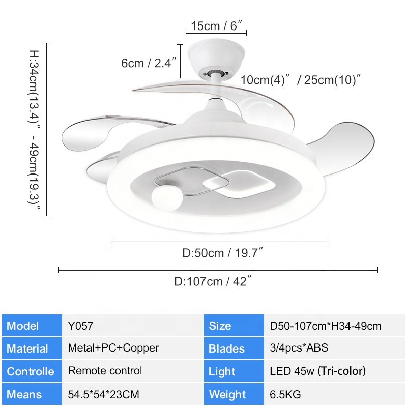 Y057 Modern 42-Inch Wave Shaped LED Light Invisible Bladeless Fan Remote Control DC Motor for Bedroom 110-220V Decorative