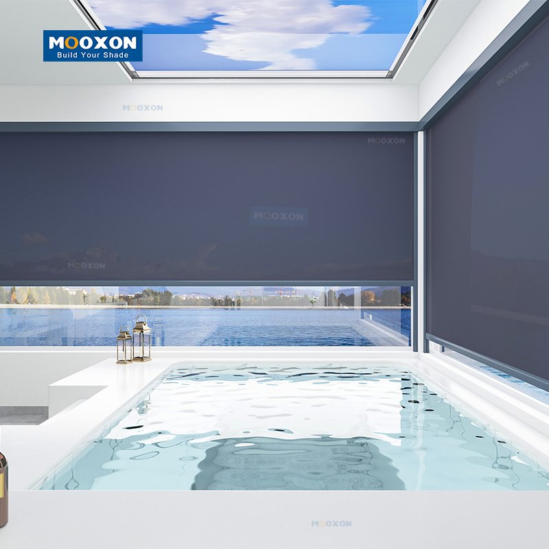 Mooxon Oversize Design Patio Waterproof Roller Motor Smart Electric Window Auto Sun Shade Zip Screen Outdoor Blinds for Pergola