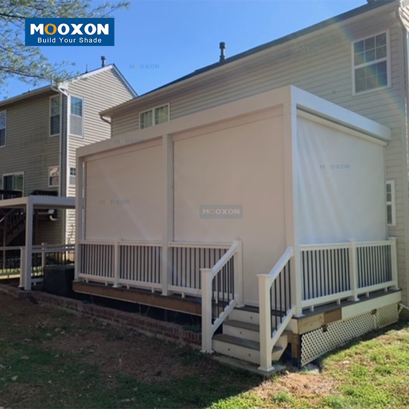 Mooxon Oversize Design Patio Waterproof Roller Motor Smart Electric Window Auto Sun Shade Zip Screen Outdoor Blinds for Pergola