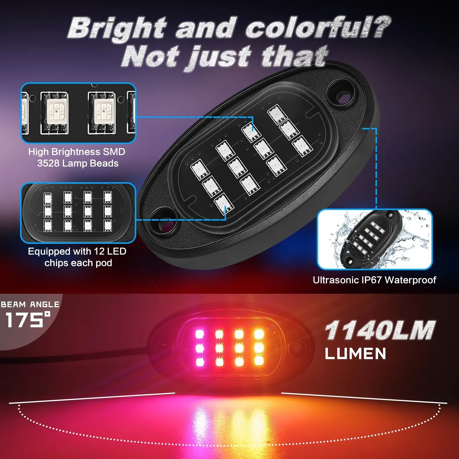 4-Pod Rock Light Kit Underbody LED Auto Parts Lights Colorful Rock Multi-Color Car Bottom Lights