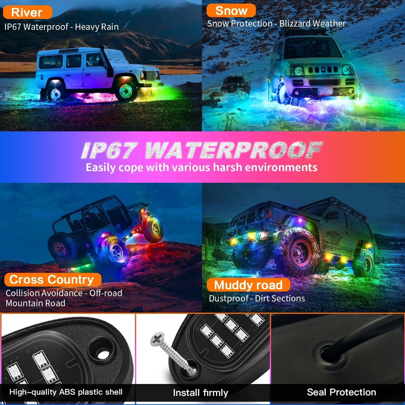 4-Pod Rock Light Kit Underbody LED Auto Parts Lights Colorful Rock Multi-Color Car Bottom Lights