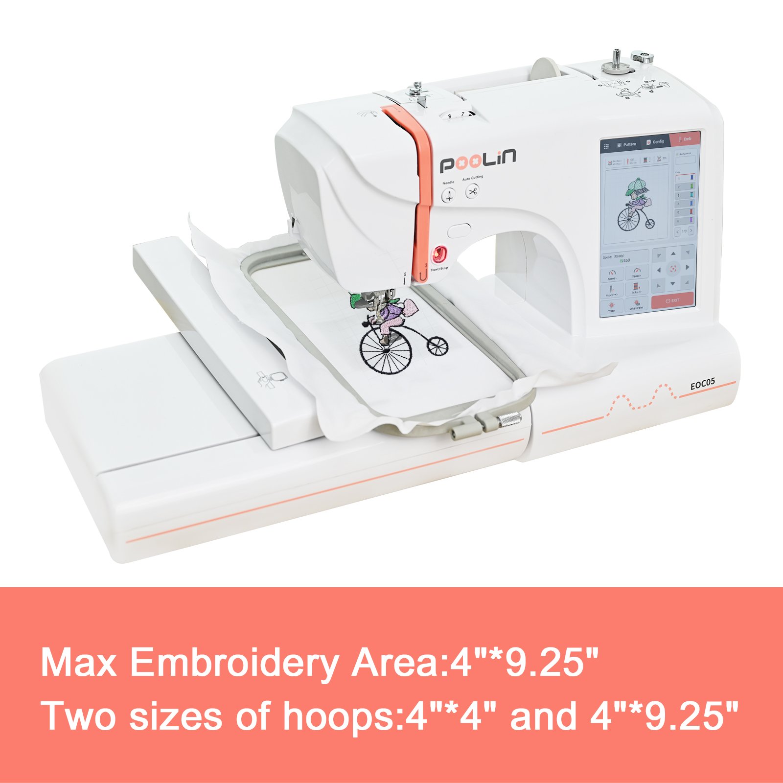 POOLIN EOC05 Beginners Automatic Computerized 7 Inches Large LCD Touchscreen Embroidery Machine for Household Machine Embroidery
