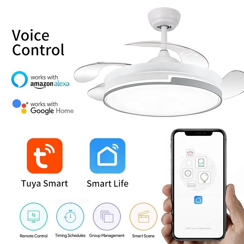 Y001 Modern Remote Control 42 Inch 110v 220v Ceiling Fans Folding with Lights Lamp Led Designer Luz Con Ventilador Oculto Techo