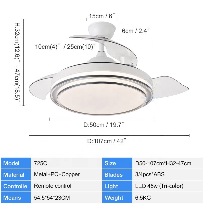 725C Household Simplicity Tri Color 42 Inch Modern Ceiling Fan LED Lamp 110 220V Invisible Blade Remote Control