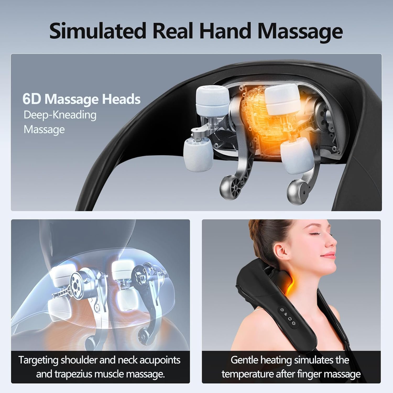 Rechargeable Cordless Deep Tissue Electric 6D Kneading Neck and Shoulder Massager with Heating for Pain Relief