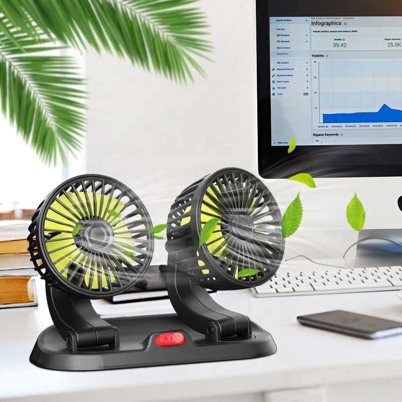 USB Car Cooling Fan Multi Angle Rotatable 5V Dual Head USB Vehicle Fan Adjustable Auto Cooler Electric Fan
