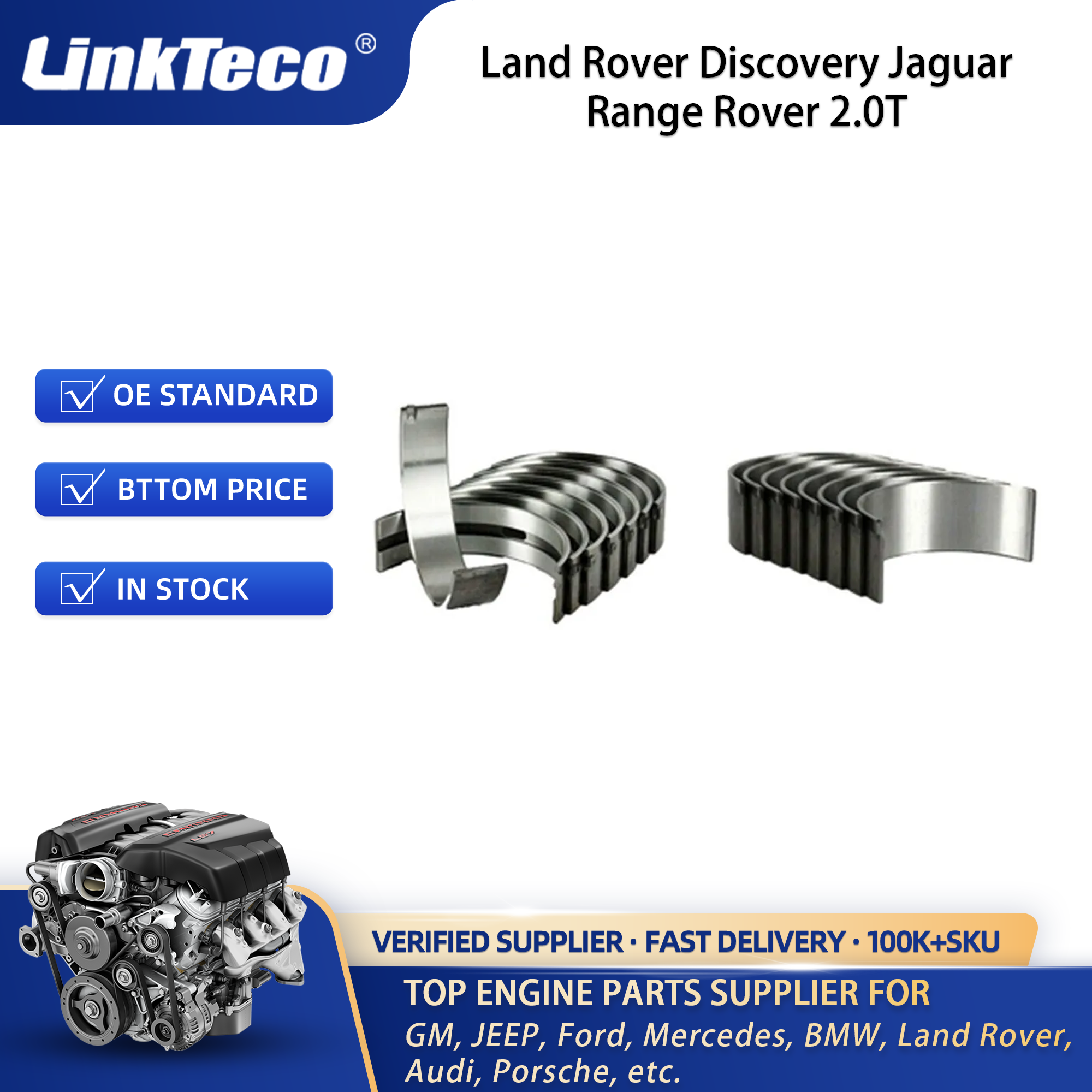 Linkteco Main Bearing Crankshaft Connecting Rod Bearing Set for Land Rover Discovery Jaguar Range Rover 2.0T 204DTD 0.25