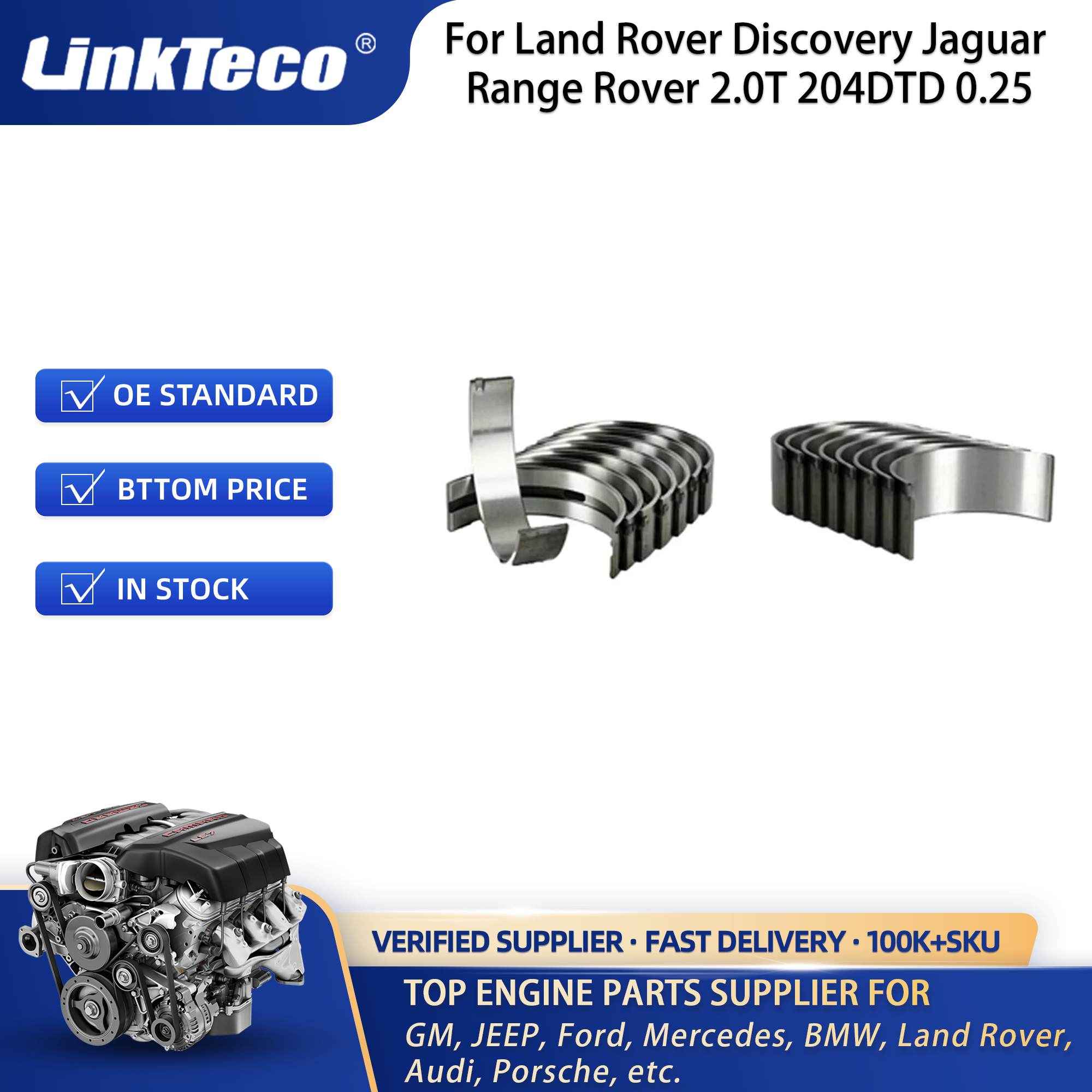 Linkteco Main Bearing Crankshaft Connecting Rod Bearing Set for Land Rover Discovery Jaguar Range Rover 2.0T 204DTD 0.25