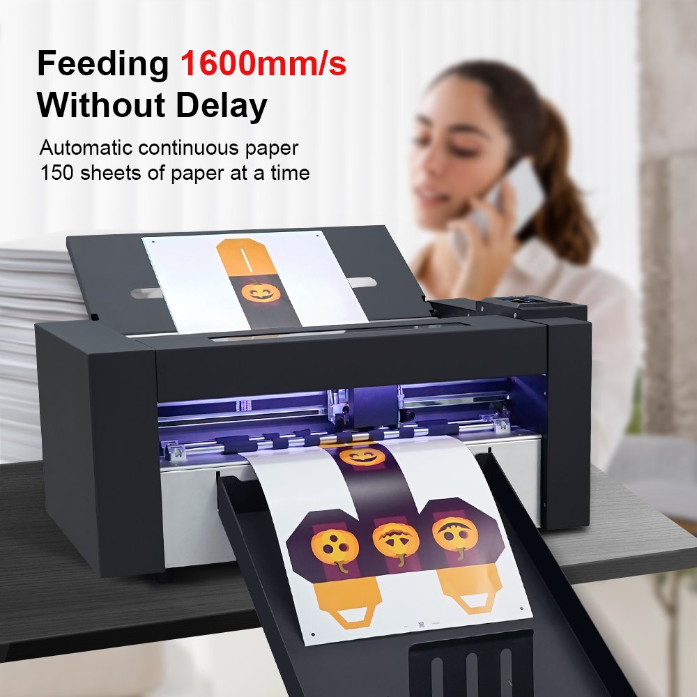 Newest Servo Motor 1600mm/s Automatic Feeding Double Heads Sheet Label Cutter Machine With Cutting Creasing QR Code