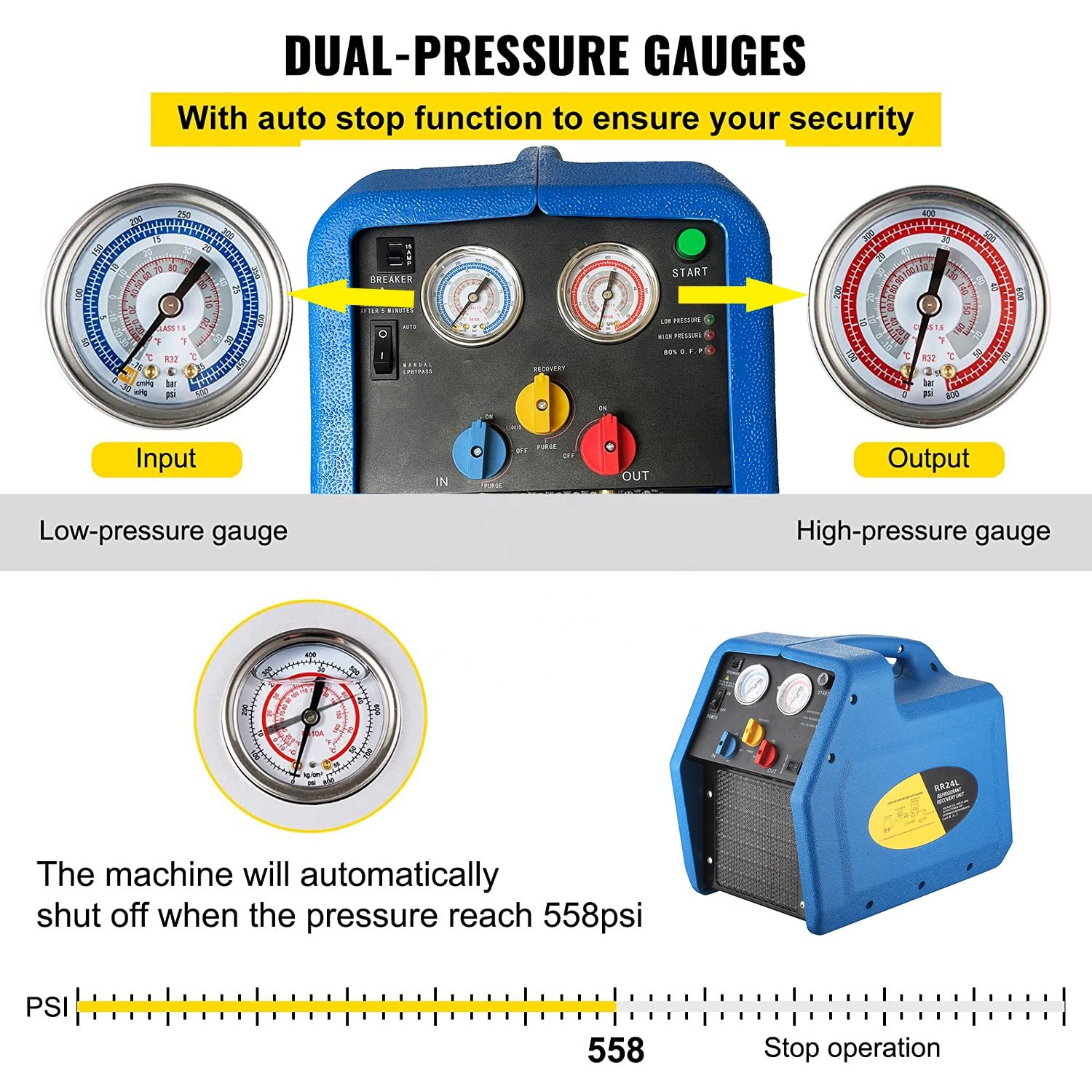 HVAC Air Conditioning Refrigerant Recovery Machine A/C Recycling Unit with 80% Overcharge protection for Auto Air Condition
