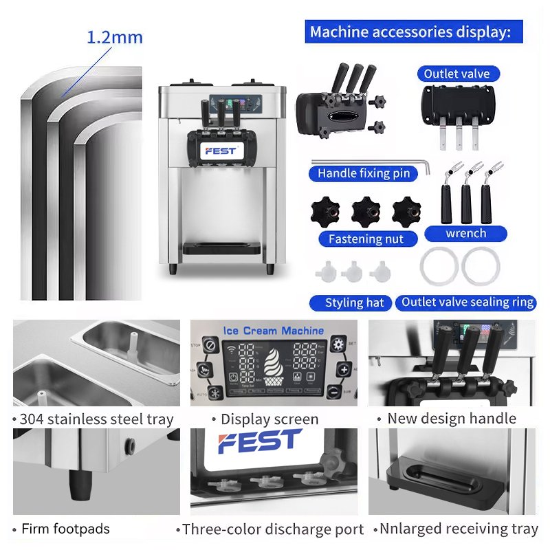 Auto Large Capacity 3Flavor Ice CreamMachine 22l/h Soft Ice Cream VendingMachine Continuous18 Restaurant Ice Cream Cones Machine