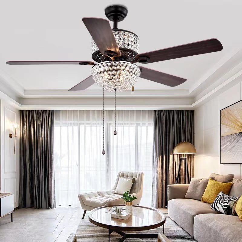 SX007 Crystal 5 Blades America Style Pure Copper Chandelier Ceiling Fan with Light