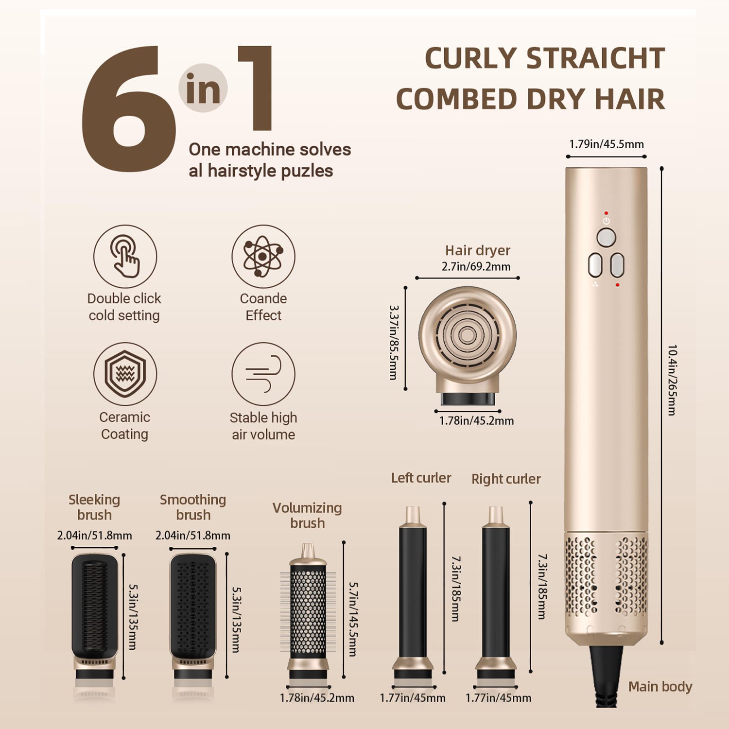 6 in 1 Multifunctional Styling Ionic Hair Dryer Hair Air Multi Styler With Auto Curling Wand Brushes Bag