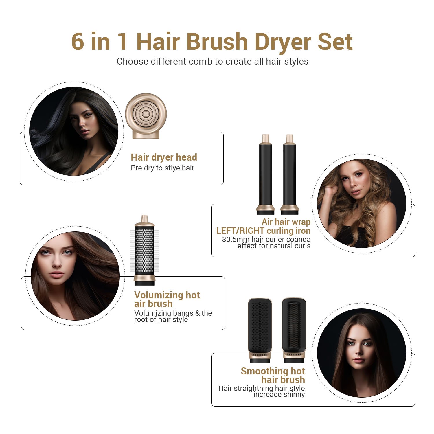 6 in 1 Multifunctional Styling Ionic Hair Dryer Hair Air Multi Styler With Auto Curling Wand Brushes Bag