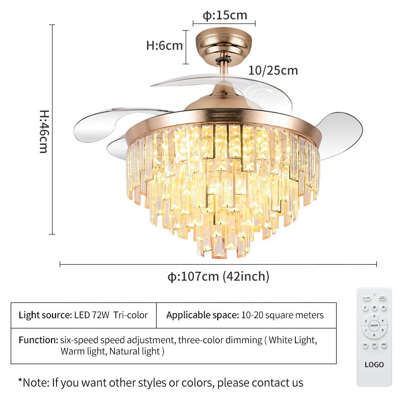 42 Inch 3-Color Crystal Ceiling Fan Chandelier with Remote 754G Flush Mount Fan with DC Motor Switch Type Remote Control