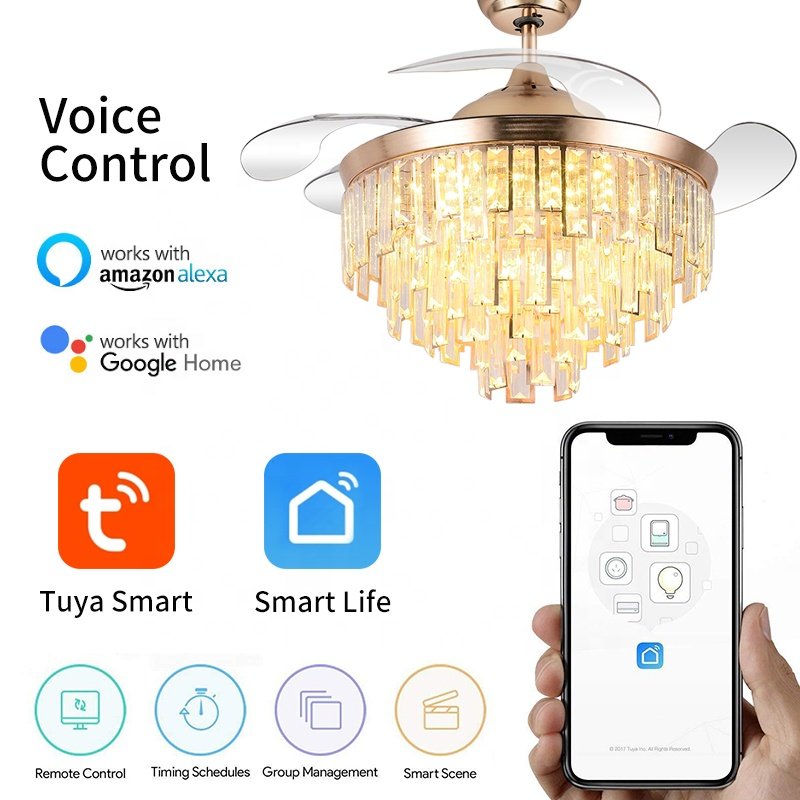 42 Inch 3-Color Crystal Ceiling Fan Chandelier with Remote 754G Flush Mount Fan with DC Motor Switch Type Remote Control
