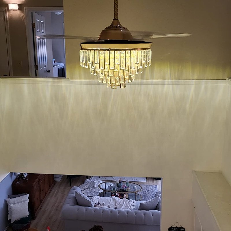 42 Inch 3-Color Crystal Ceiling Fan Chandelier with Remote 754G Flush Mount Fan with DC Motor Switch Type Remote Control