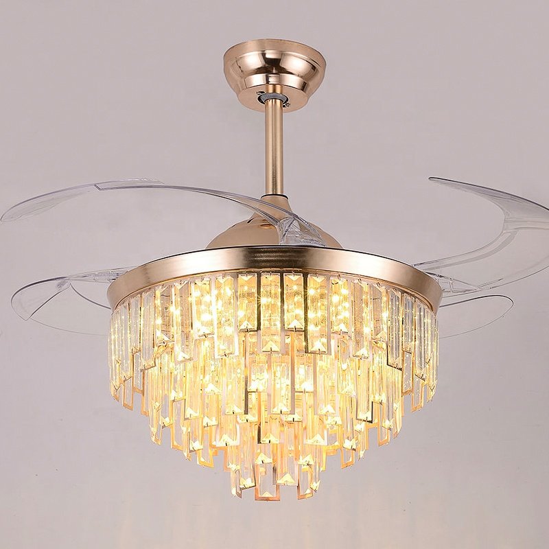 42 Inch 3-Color Crystal Ceiling Fan Chandelier with Remote 754G Flush Mount Fan with DC Motor Switch Type Remote Control