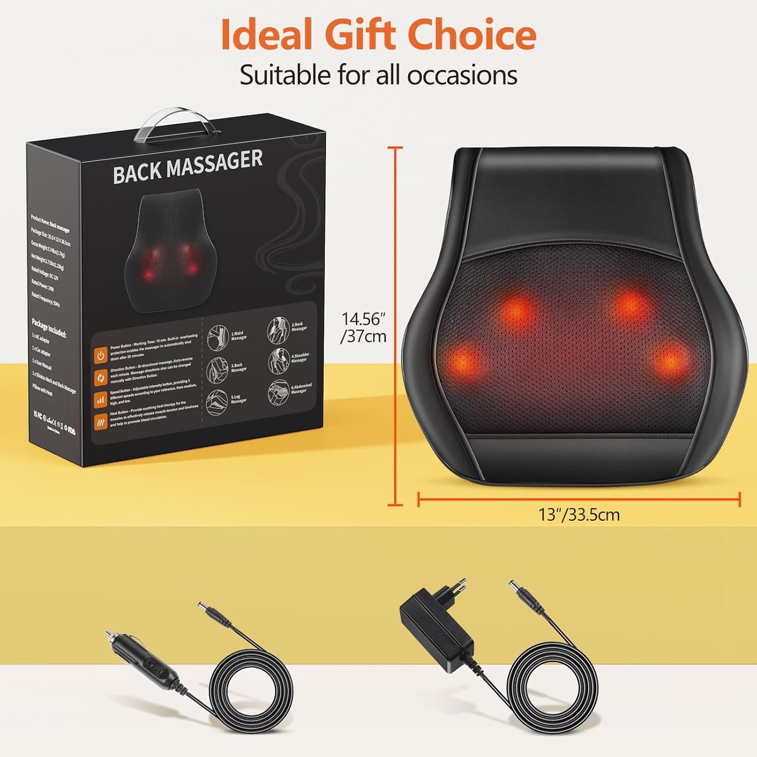 Phenitech Back Massager with Heat, Massagers for Neck and Back 3D Kneading Massage Pillow for Pain Relief